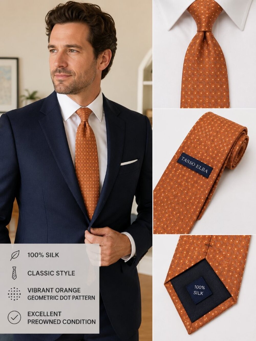 Tasso Elba 100% Silk Tie Orange Geometric Dot Pattern Classic Men's Necktie - Picture 1 of 8